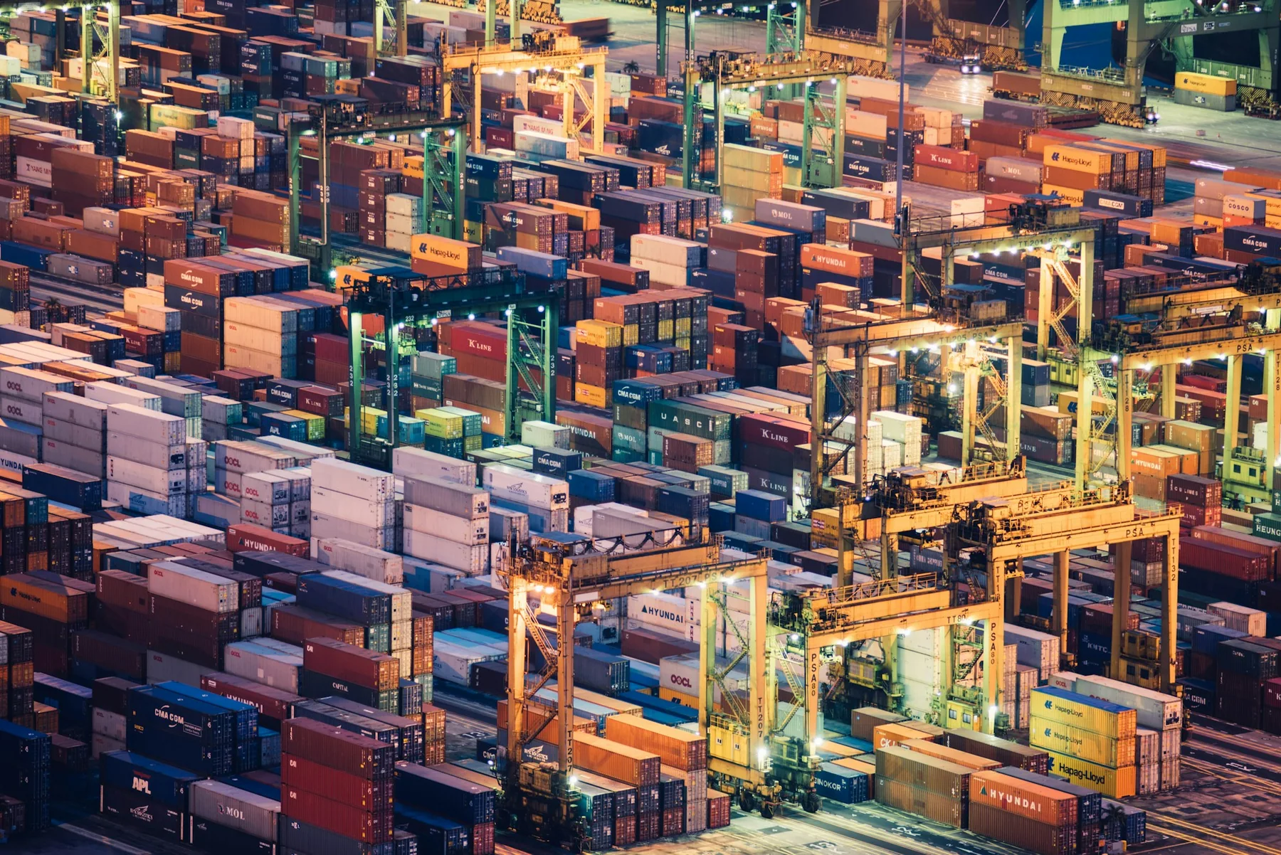 Container cranes and freight terminal viewed from above