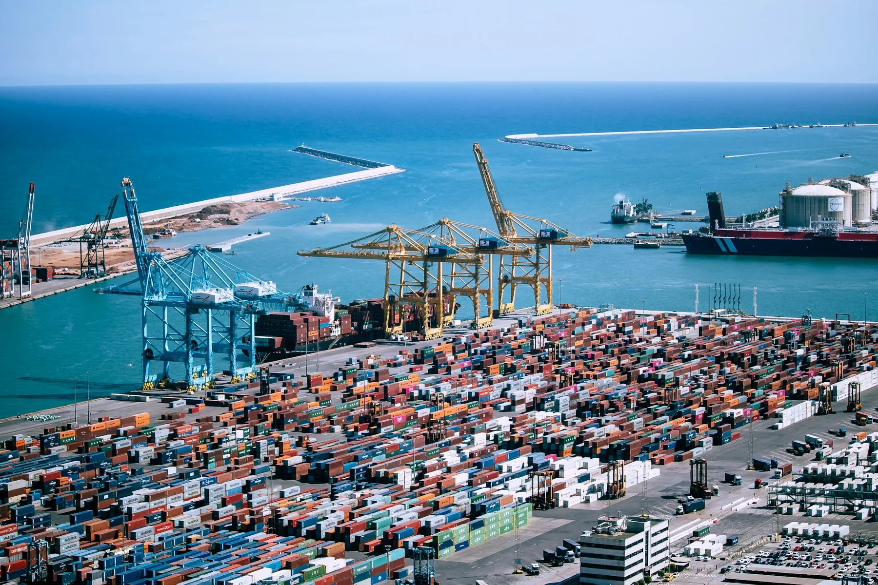 Cargo containers and port infrastructure viewed from above